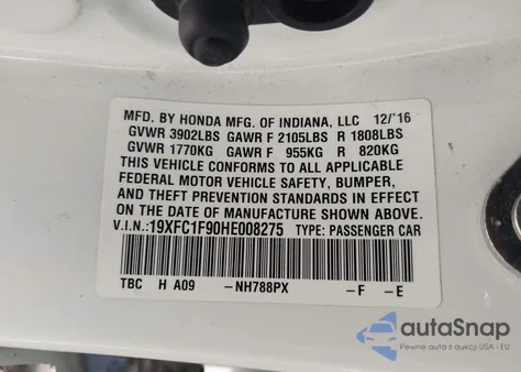 2017 Honda Civic Touring from USA, damaged, VIN 19XFC1F90HE008275